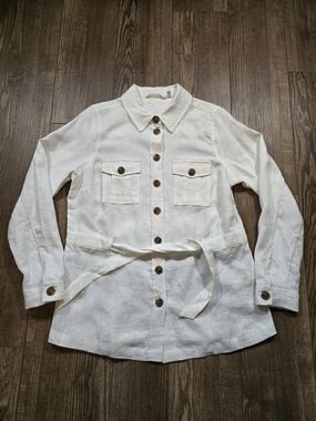 SOFT SURROUNDINGS Shirt Womens M White 100% Linen Button Up Top Coastal Safari